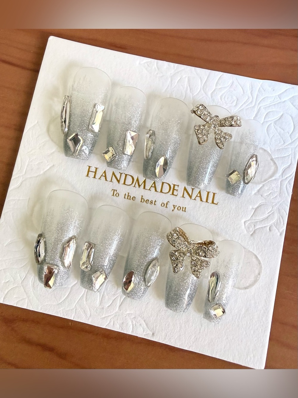 Handmade Silver Glitter Press-On Nails with Rhinestone and Bows